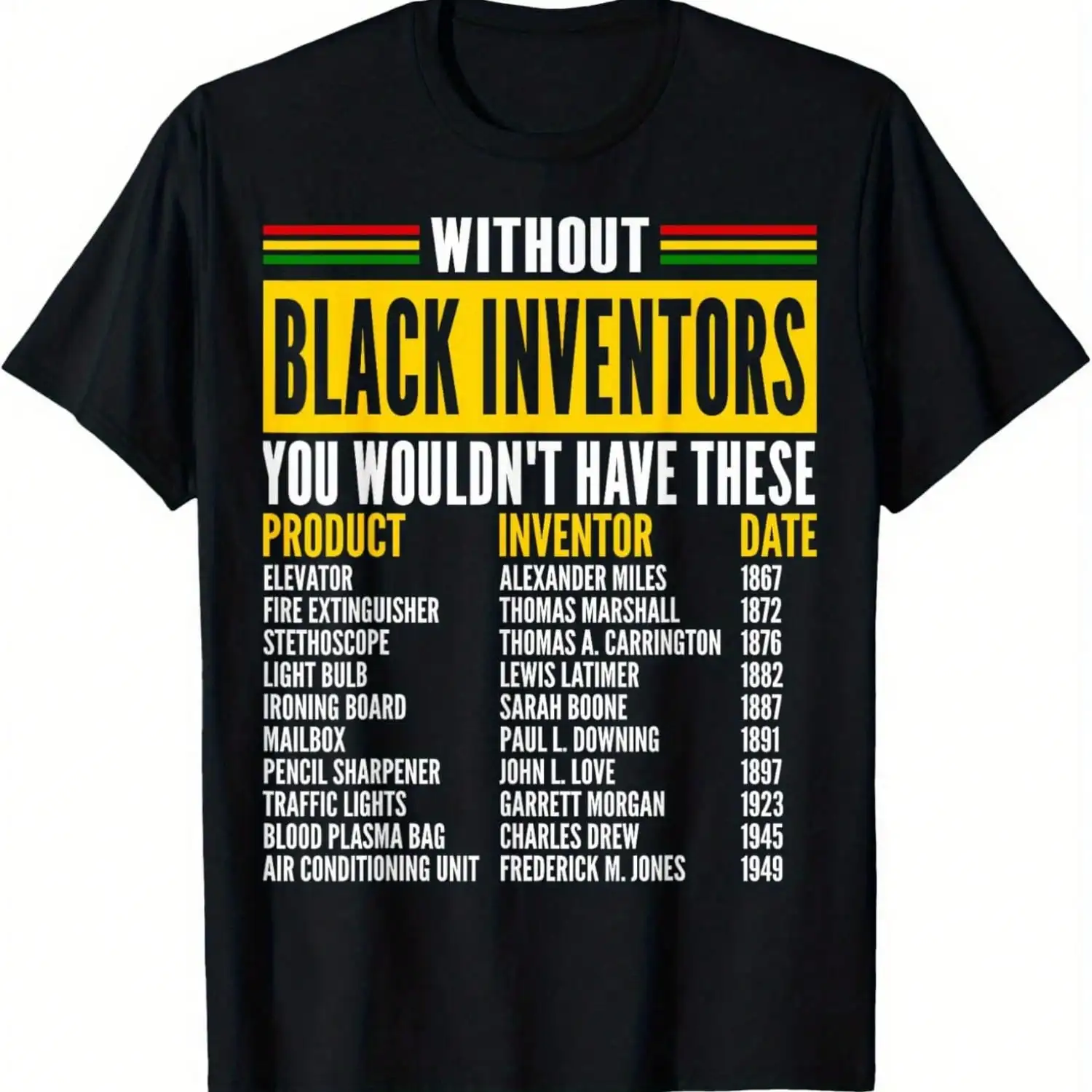 

Black Inventors Tribute Graphic Tee - Bold Text Design on Black Cotton