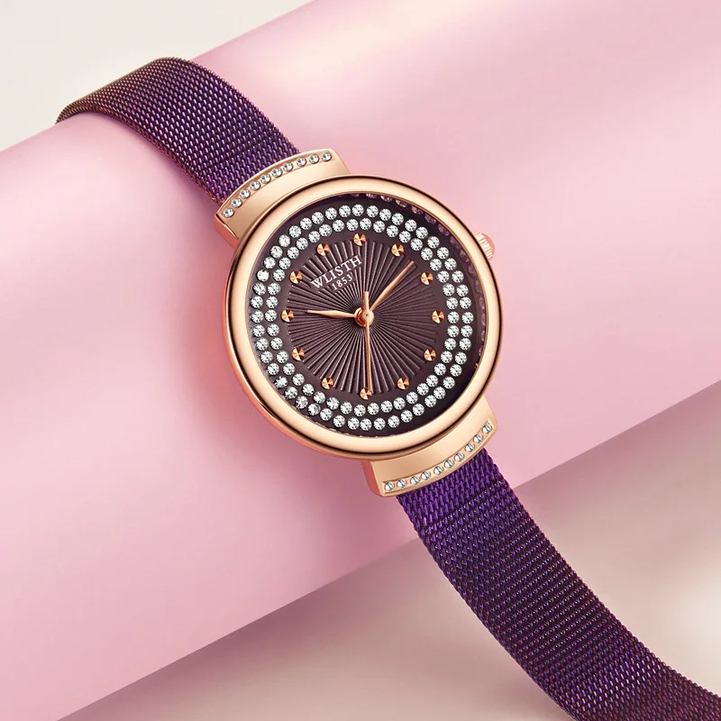 Lanzamiento de nuevo producto: reloj de mujer, conjunto de diamantes de moda, reloj con correa de malla de Milán, cinturón de acero morado, reloj elegante de cuarzo resistente al agua