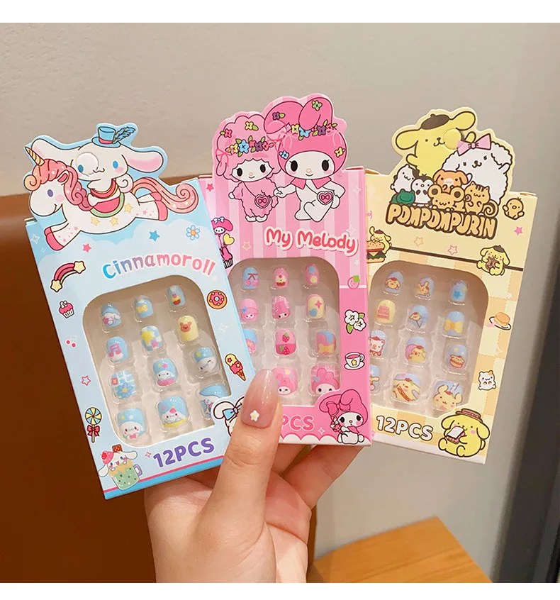 12/24 pièces Kawaii Kitty/Kuromi faux ongles conseils 5-12 ans enfants presse sur ongles enfants Y2k détachable Kawaii fille manucure conseils