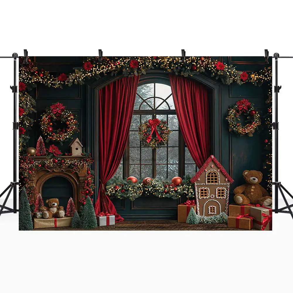 Mocsicka Christmas Photography Background Vintage Wall Window Red Curtain Wreath Family Portrait Backdrop Studio Photocall Props