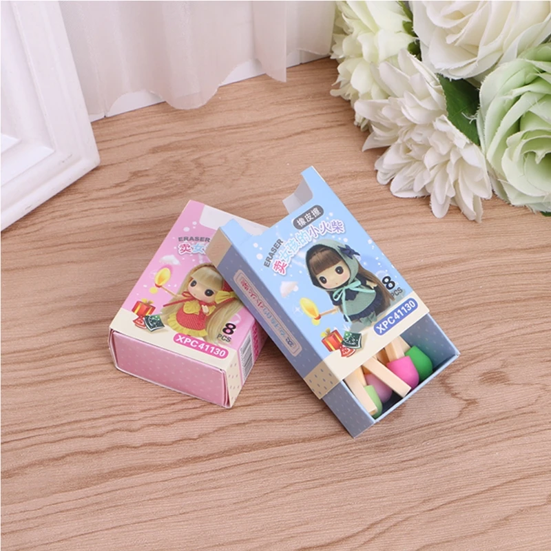 8Pcs Creactive Matchstick Eraser Colorful Pencil Rubber School Office Stationery