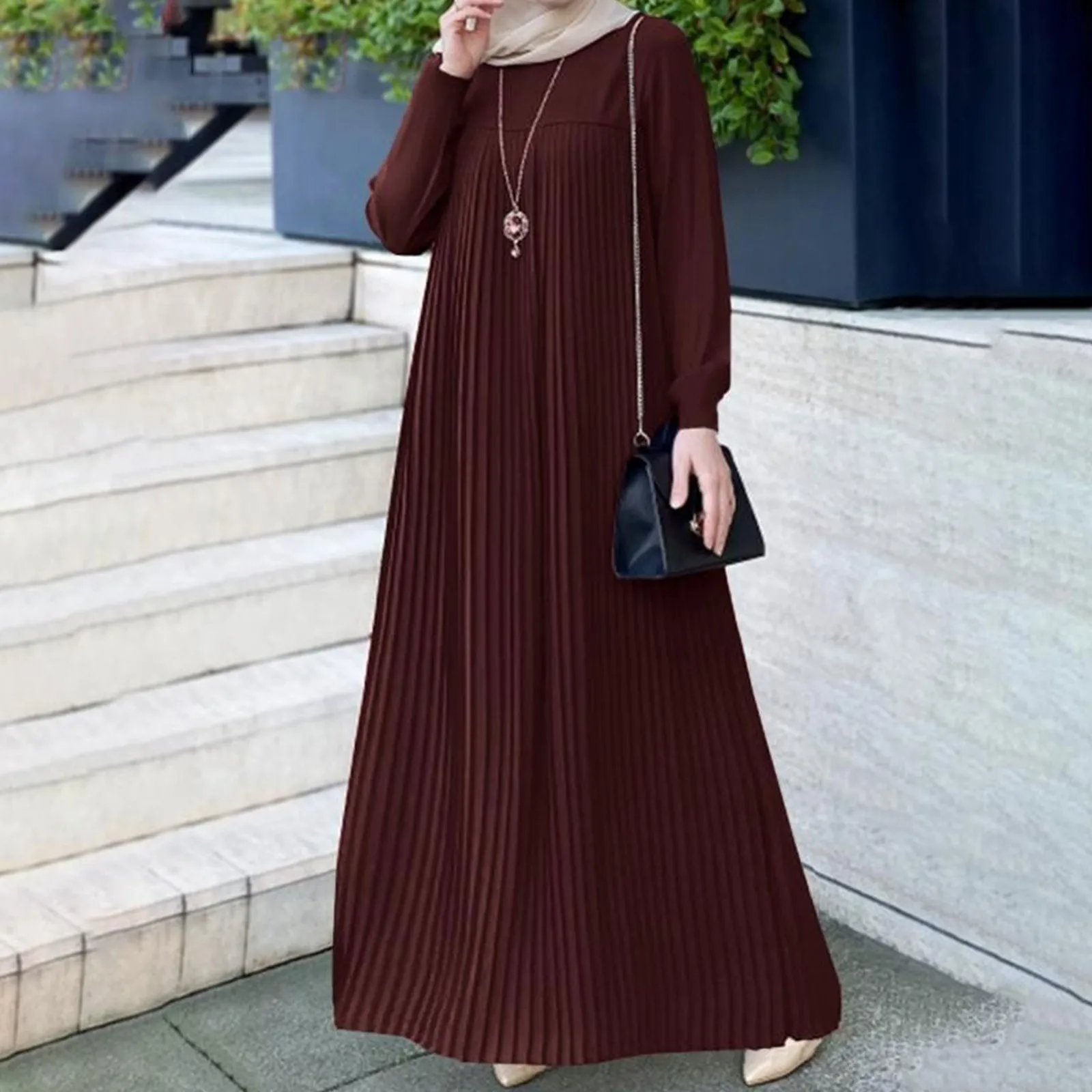 Muslim Abayas Dubai Arab Robe For Women Solid Colour Round Neck Long Sleeve Pleated Long Dresses Ramadan Dress Islamic Dress