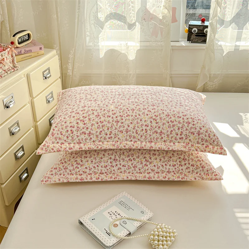 2PCS Pink Floral Pillowcase 100% Cotton Ditsy Flower Print Pillow Cover Soft Breathable All Seasons Bedding