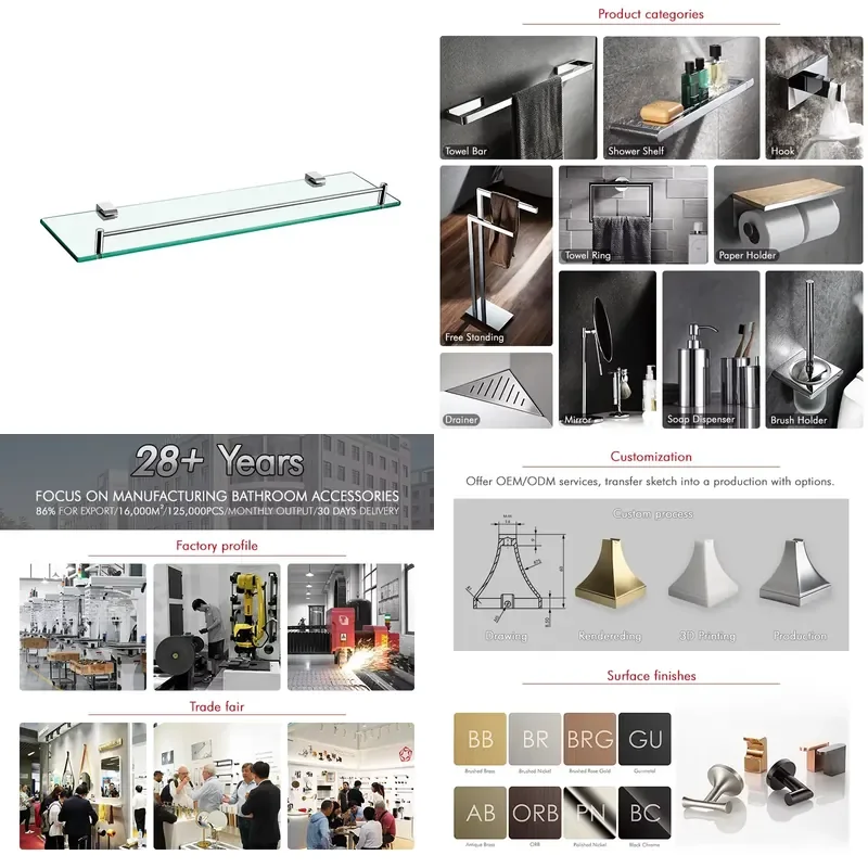 for Wall Mounted Bathroom Brass Chrome Plated Storage Rack Modern Glass Single Layer Shelf Hotel Home