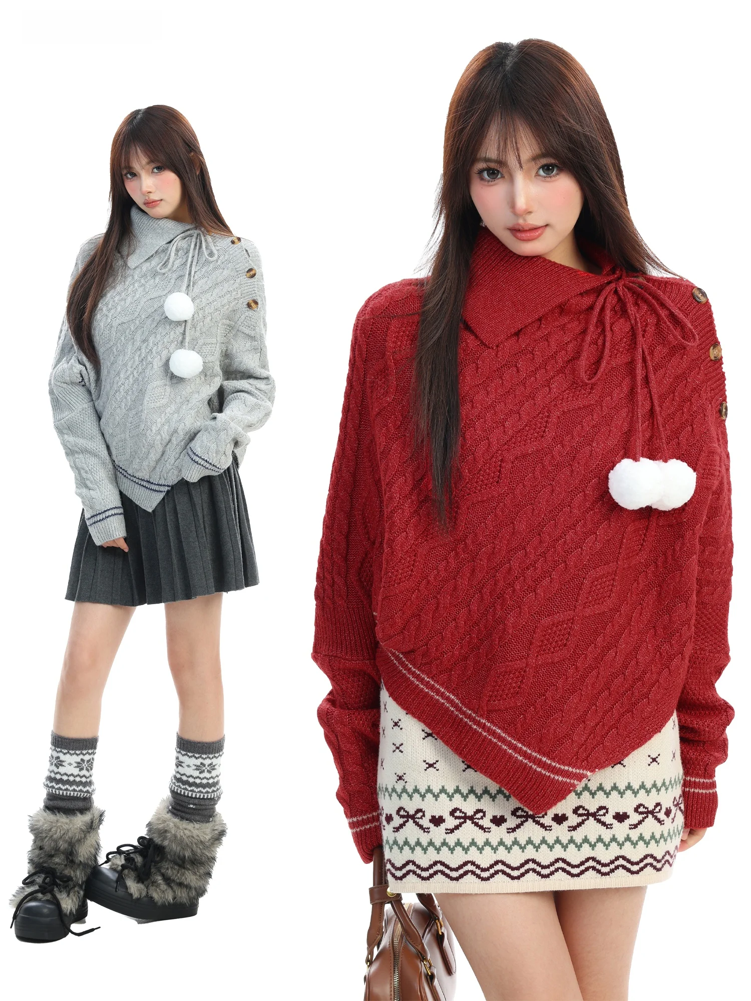 

Red High Collar Twist Sweater Women's Autumn Winter Irregular Design Knitted Top Street Sle Loose Fit Long Sve Thermal