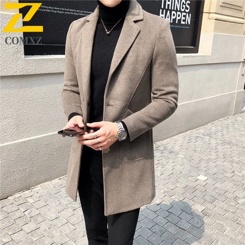 

COMXZ 2025 New Mens Cashmere Wool Blend Overcoat Mid-Length Trench Coat Korean Style Slim Fit Casual Autumn Winter Menswear