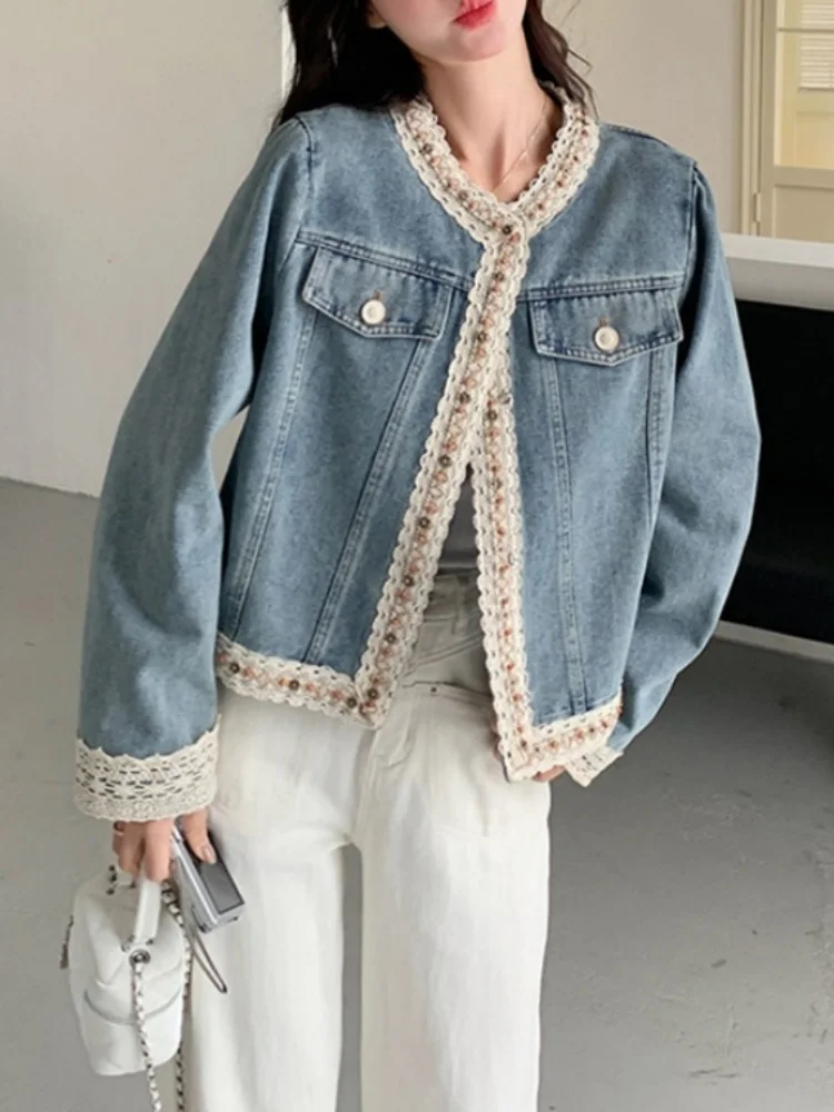 

Ele Ruffle Patchwork Denim irt Women's Long Sve round Ne Spring Autumn Korean Sle Commute Straight Tube Top