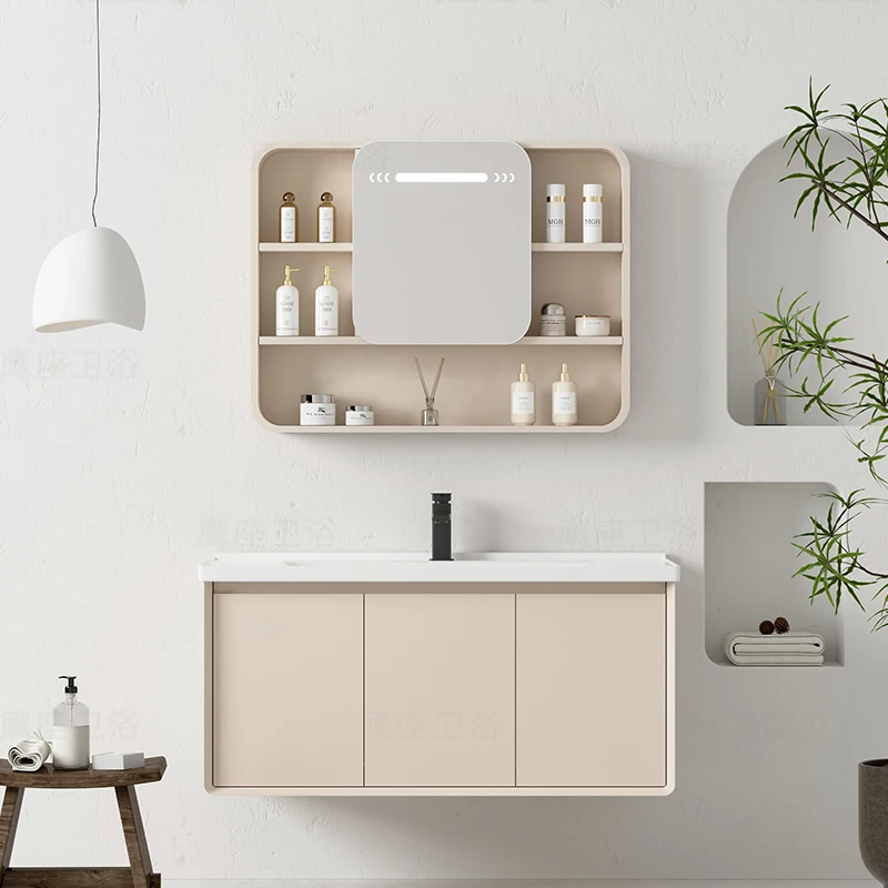 %￥Modern Design Khaki Aluminum 80cm Wall-mounted Bathroom Vanity Cabinet with LED Mirror Easy Clean Ceramic Basin for Hotels