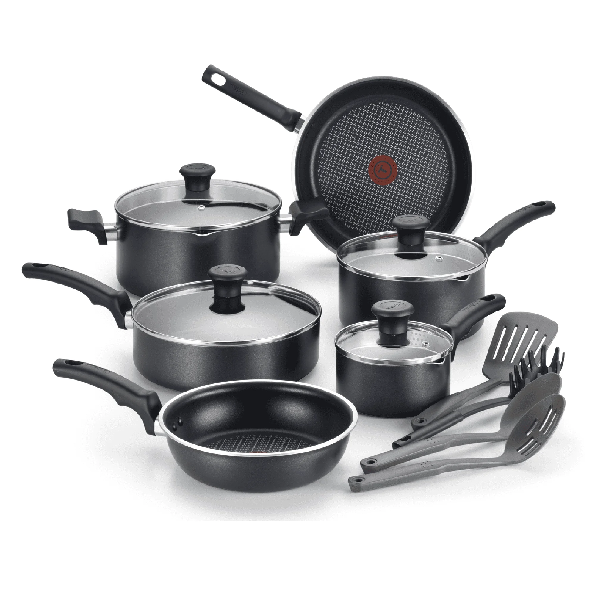 Nonstick Cookware Set 14 Piece Set Black Dishwasher Safe for Added Comfort Deep Shape and Pouring Edge