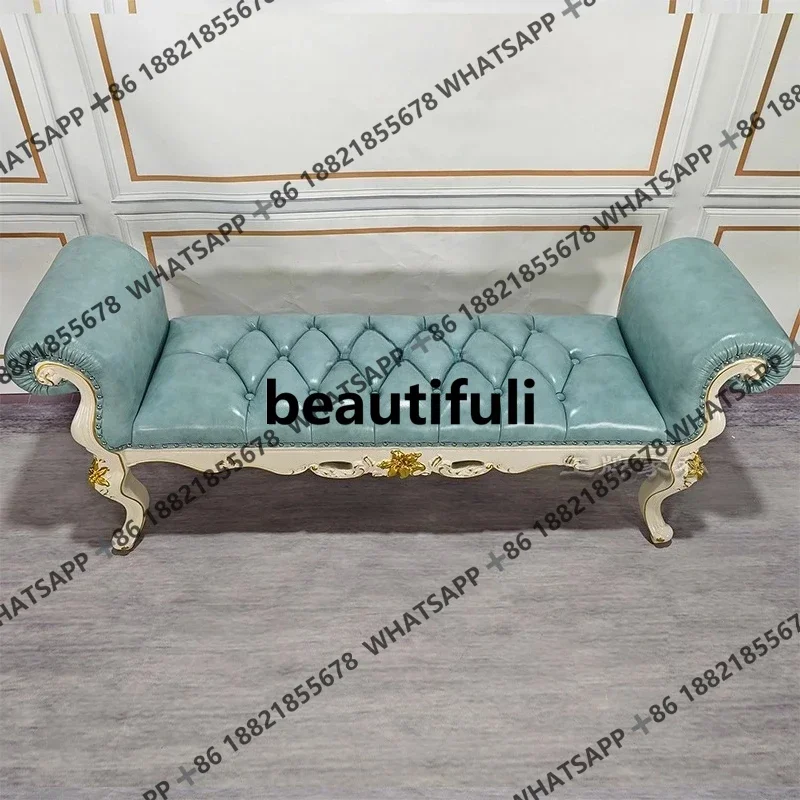 ZJSolid wood bedside stool bedroom soft bag carved bed changing shoes leather ivory white small sofa bench