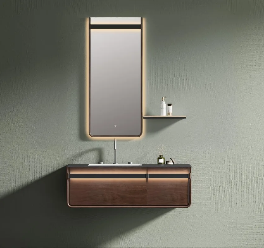Modern Luxury Rectangle Bathroom Vanity Wall-Mounted Solid Wood Water Resistant Sink Smart Mirror Ceramic Basin 5 Year Warranty