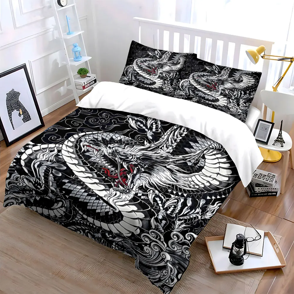 Black and White Coiling Roaring Dragon Bedding Set for Kids Luxury Gift 3pcs Digital Print Comforter Set Soft Comfortable