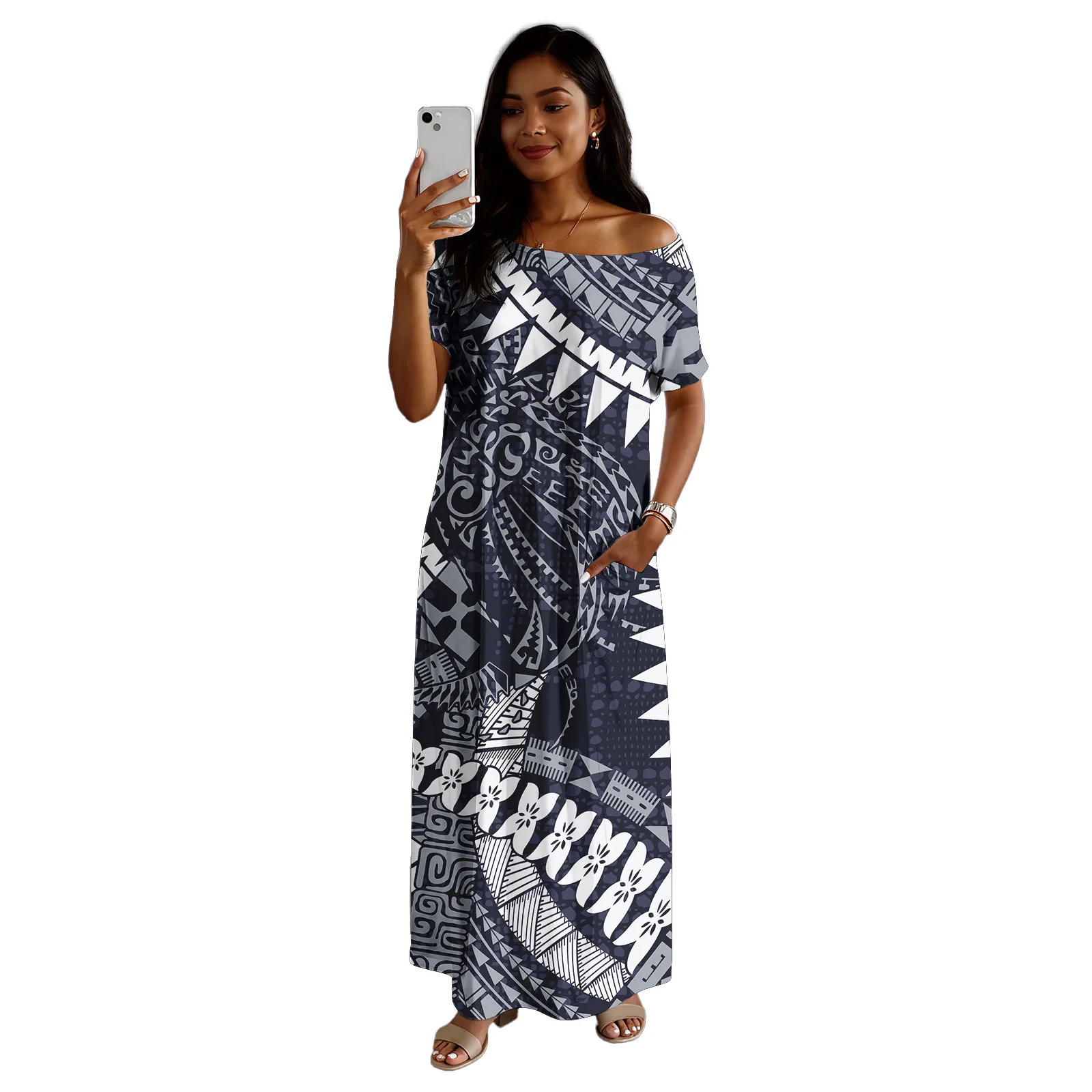 2026년 신상 디자인 맞춤 여성 의류 콜드 숄더 사모아 폴리네시아 캐주얼 여성 스커트 하와이안 여성 비치 드레스