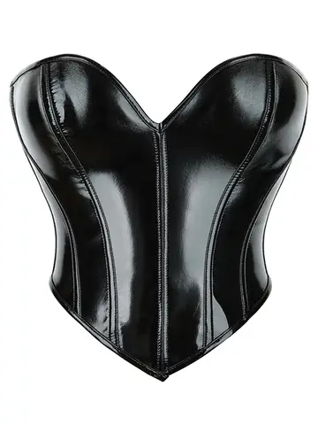 Women PU Leather Bustier Back Lacing-up Fish Boned Corset Curved Hemline Crop Tank Tops