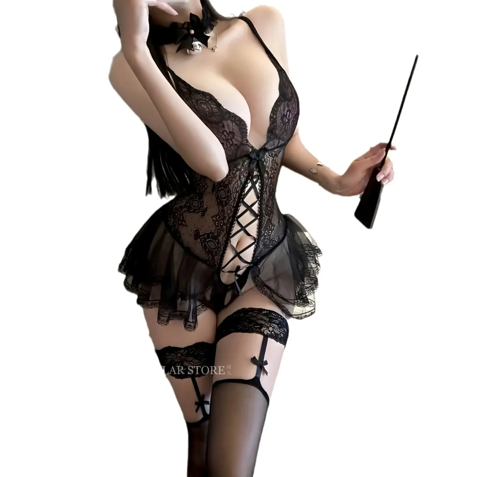 فستان نوم مثير شفاف من الدانتيل مع فتحة بين الرجلين، لا حاجة لإزالة ثوب النوم للعب الحار #4