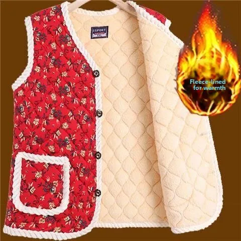 Warm Fleece Lined Vest for Middle-Aged And Elderly Women Loose Fit Fashionable Cardigan Style Versatile Top for Autumn Winter