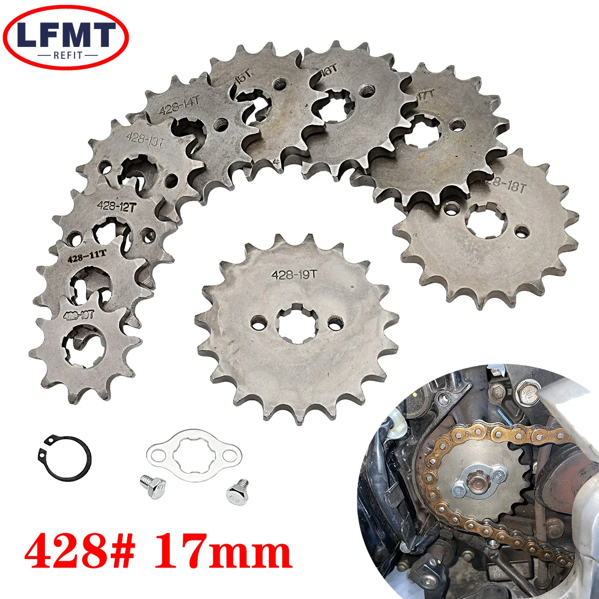 

Front Engine Sprocket 428# Chain 17mm 10t 11T 12t 13T 14T 15t 16t 17T 18t 19T Teeth, For 50cc to 125cc Off-road Bicycle ATV