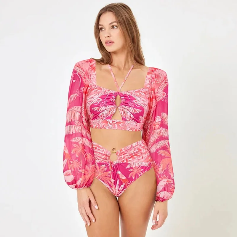 Floral One-Piece Women's Swimsuit Set Pink Sweet Style Beach Vacation Resort Bikini with Printed Dress Skirt for Casual Wear