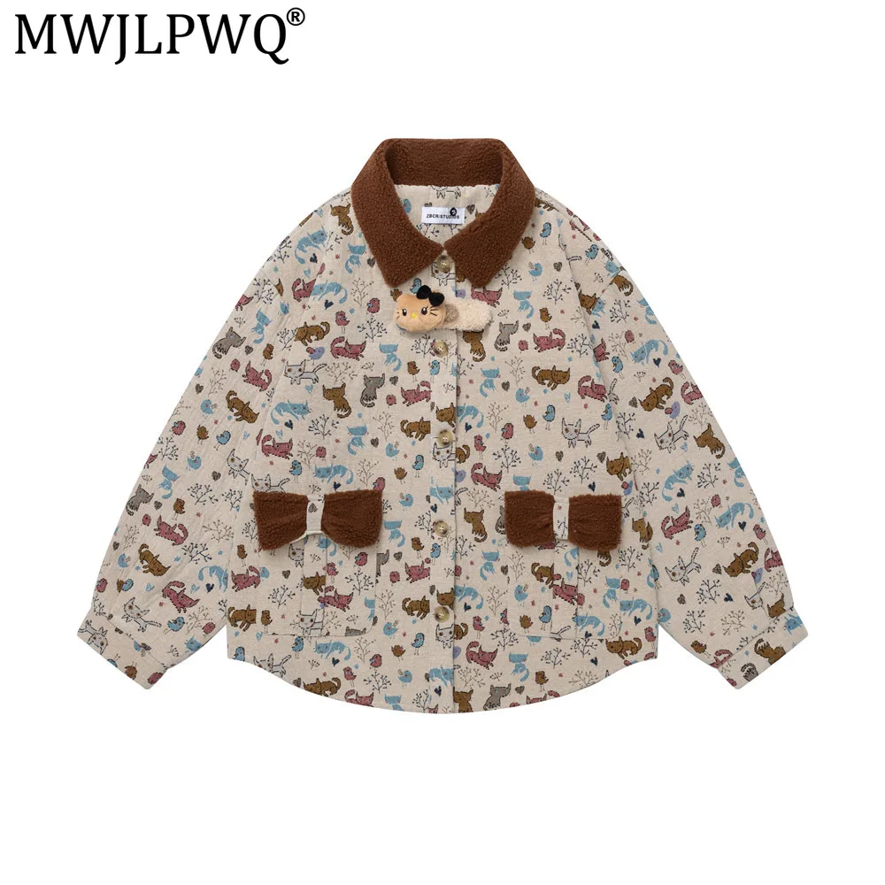 MWJLPWQ Print Jacquard Lapel Jacket For Boys Autumn American Style Trendy Three-Dimensional Decoration Loose Tops Fashion 21064