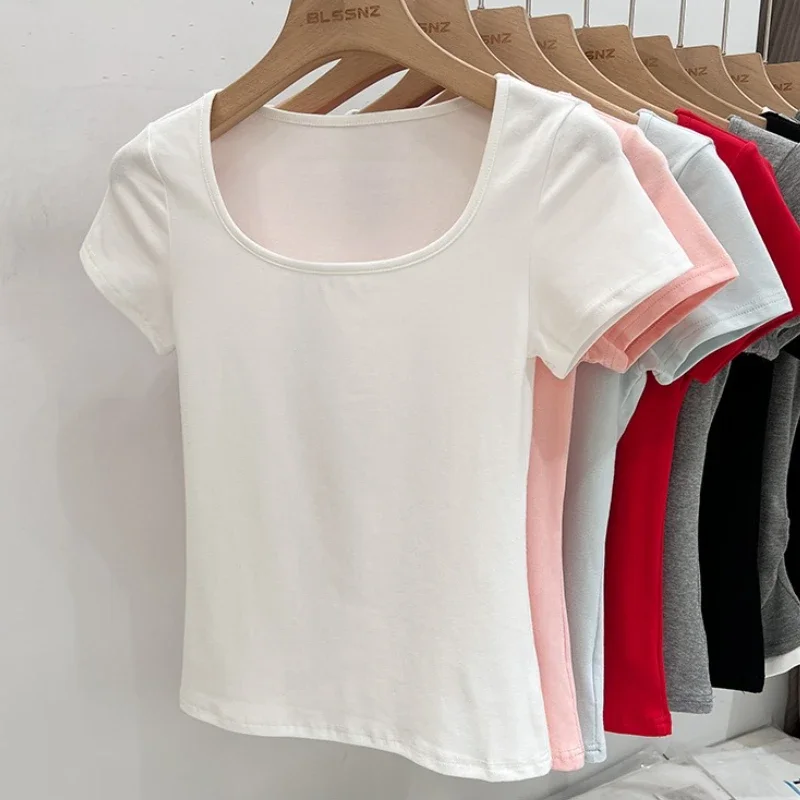 Zjaiss 夏無地スクエアカラー半袖 Tシャツ女性韓国ストリート Tシャツベーシック固体ヤングクールトップス 2025