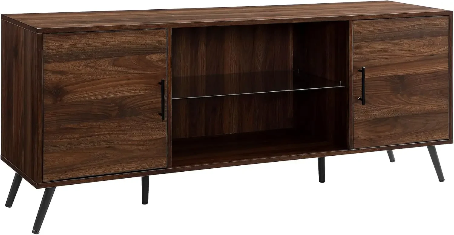 Saxon Mid Century Modern Glass Shelf TV Stand for TVs up to 65 Inches, 60 Inch, Walnut