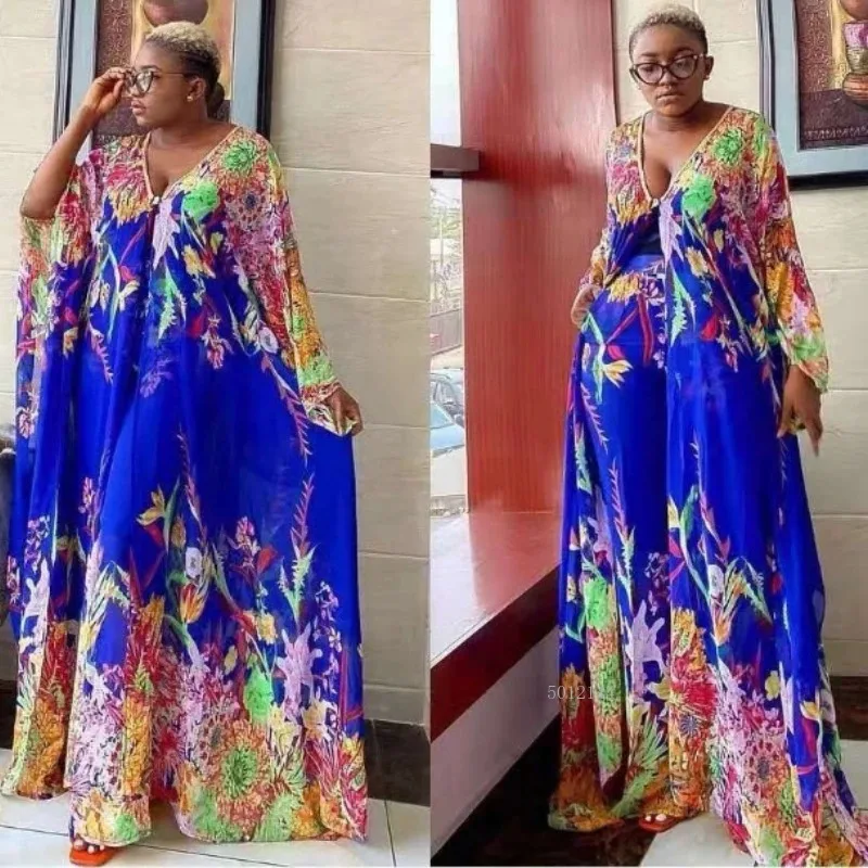 Summer Chiffon Pants Sets for African Ladies Printed Loose Batwing Sleeve Fashion Elegant Evening Night Party Matching Sets Hot