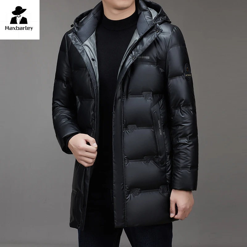 Lange Jacke aus 90 % Entendaunen für Herren, Winter, dick, warm, abnehmbar, mit Kapuze, Daunenjacke, lässig, PU-Leder, wasserdichter Mantel,