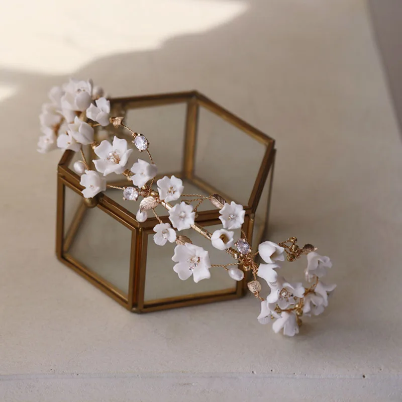 Ins Style Bridal Crown Ceramic Floral Wedding Hair Tiara Freshwater Pearls Jewelry Handmade Gold Color Women Hairband