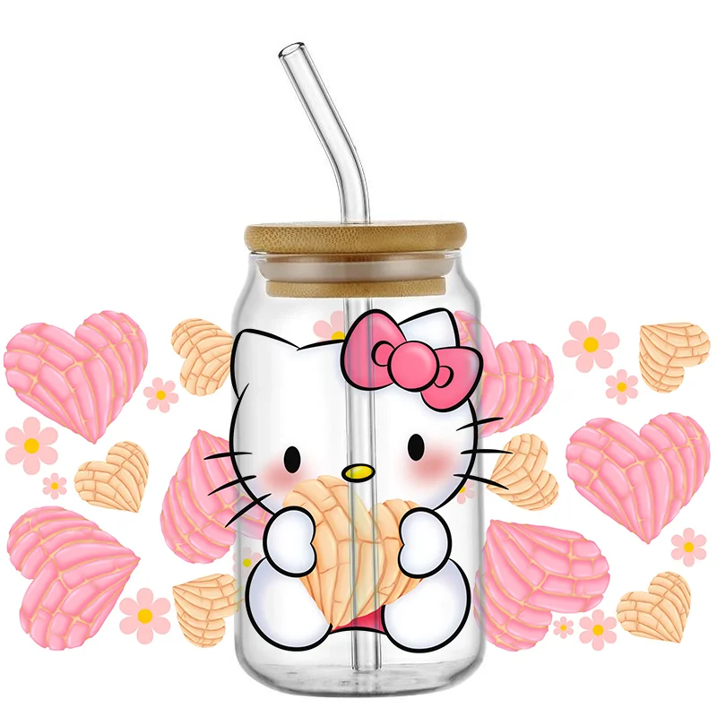 Libbey 16oz için Miniso karikatür sevimli kedi Can cam 3D su geçirmez UV DTF kahve Libbey cam Wrap sarın olabilir