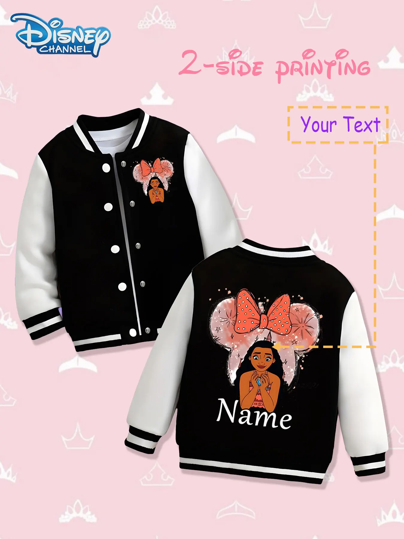 

MINISO Disney Moana Cute Kids Baseball Jacket - Double-sided print with Moana and Minnie's head shape, conveying the wonderful f