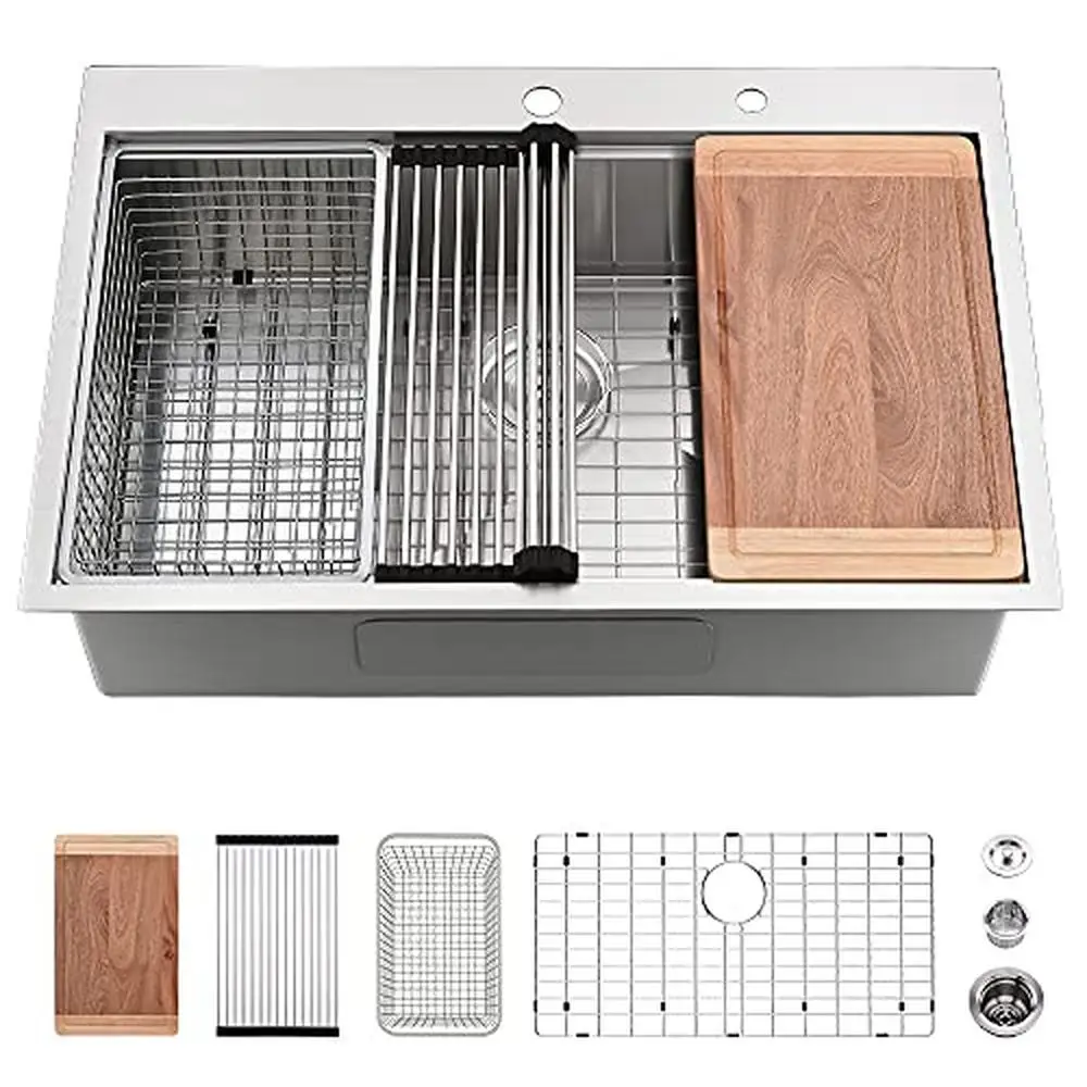 

33x22 Кухонная раковина, рабочая станция, нержавеющая сталь, калибр 16, компактная раковина, с аксессуарами и шумоподавлением, красное дерево