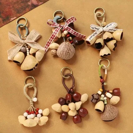 Nouvelles perles de rocaille naturelles de style chinois avec coquilles de fruits de Bodhi, porte-clés pendentif, style ethnique rétro tressé