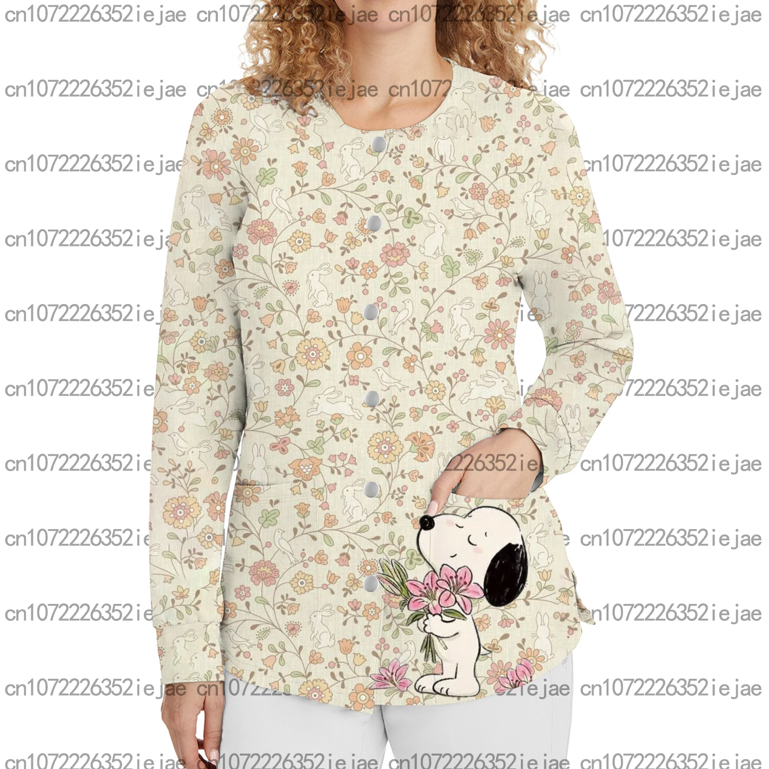 

Snoopy Printed Long Sleeve Nurse Uniform Dental Beauty Salon Pet Shop Women's Pocket Snap Button Warm Surgical Gown Jacket