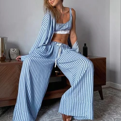 Autumn Blue Striped Cardigan Long-sleeved Tops&Long Pants Trousers Sets 2Pcs Women's Pajamas Sleepwear Nightwear Home Clothes