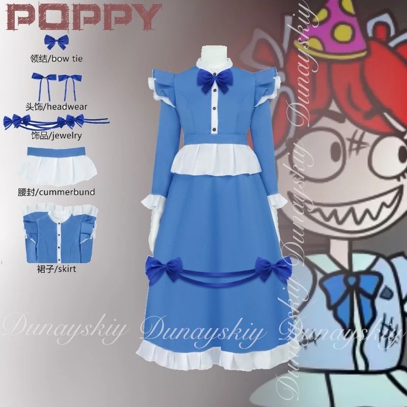 

Helloween Po--ppy Play Time IV Game The Red Hair Girl Косплей с сине-белым платьем и красным париком Косплей disfraz Полный костюм