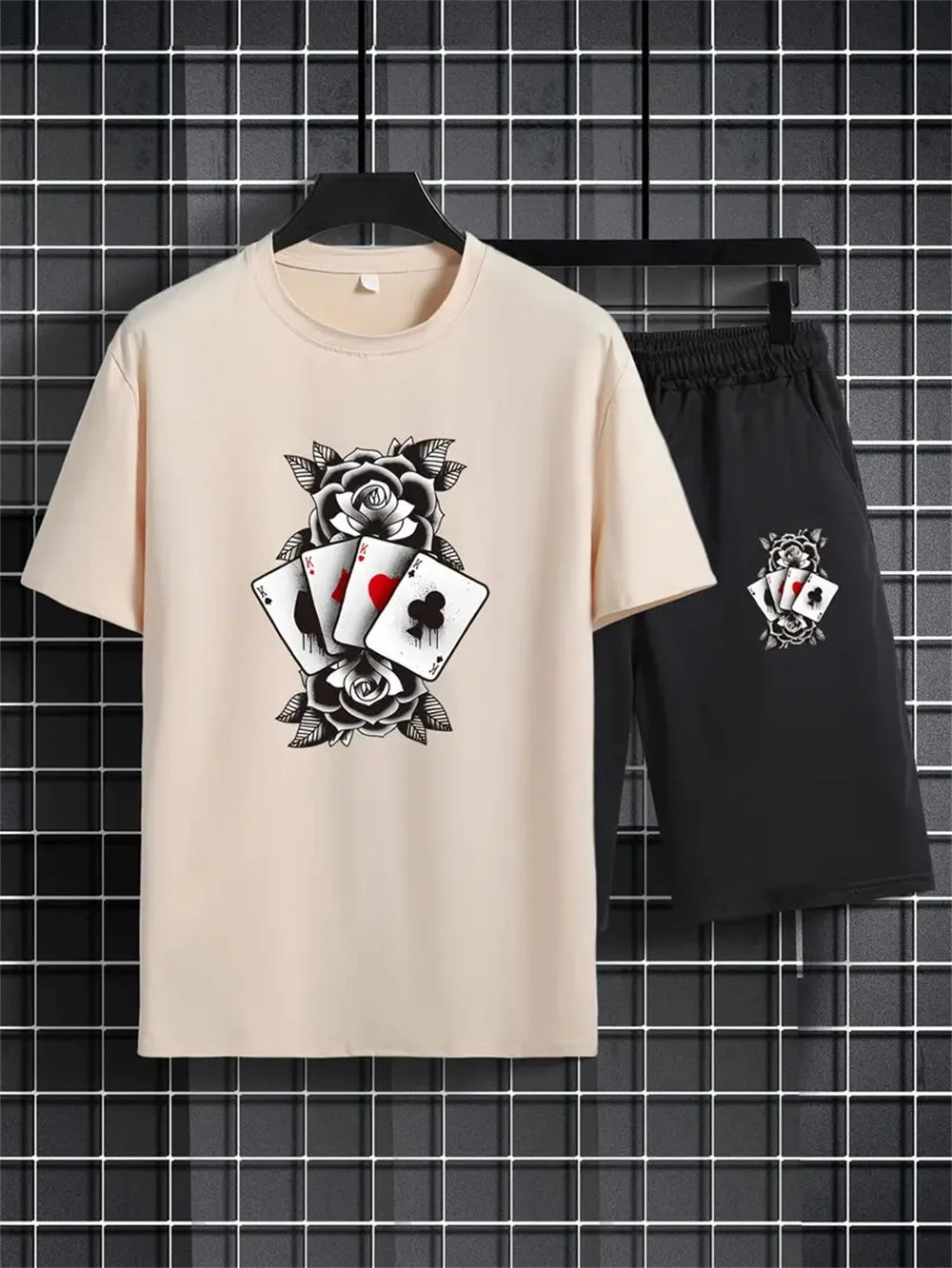 Men's two-piece T-shirt and shorts, short sleeves, poker print, simple, sporty, casual, outdoor, children's set, summer 2024