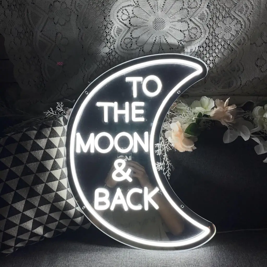 To The Moon And Back Neon Sign Mirror Love Heart Shape LED Neon Lights Sign for Wedding Party Bedroom Home Store Decoration