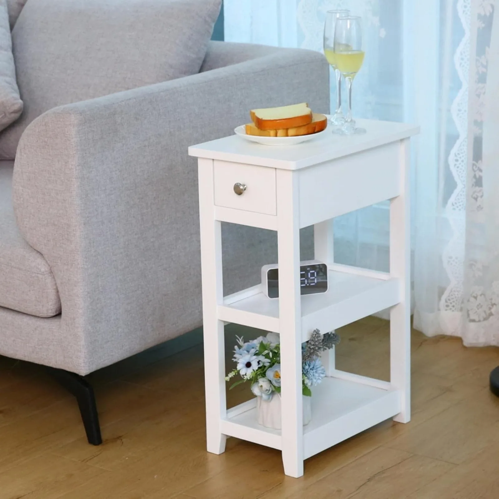 

US End Table, 3-Tier White Nightstand with Drawer and 2 Shelves, Wood Look Accent Narrow Side Tables Living Room Bed Room Office