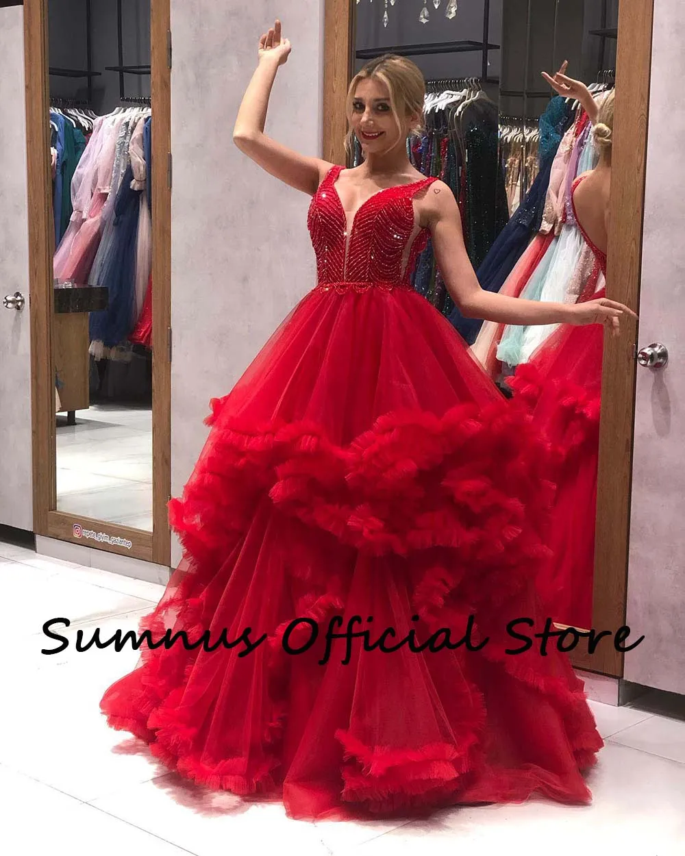 Sumnus-Vestido largo de tul para baile de graduación, traje rojo con cuentas escalonadas, Espalda descubierta, 2023