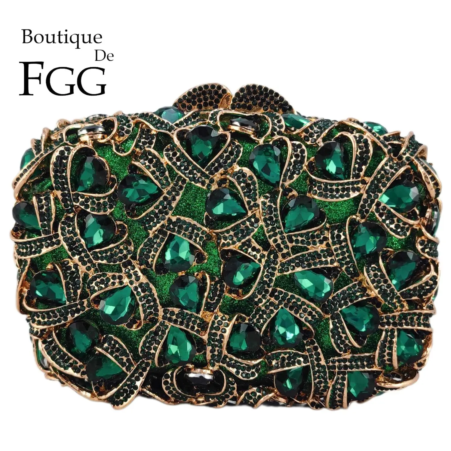 

Boutique De FGG Emerald Green Crystal Evening Bags Bridal Rhinestone Handbags and Purses Women Party Dinner Gems Clutch Bag