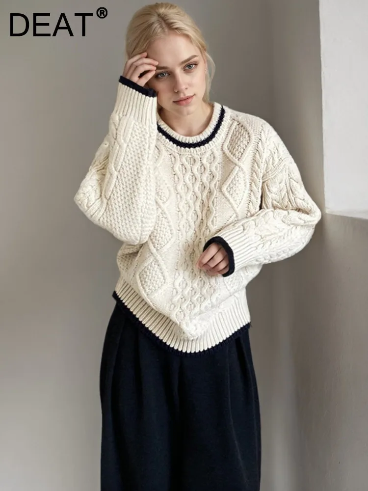 DEAT Fashion Women's Knitted Pullover Round Neck 3D Pattern Pit Contrast Color Loose Casual Sweater Spring 2025 New Tide 7AB6870