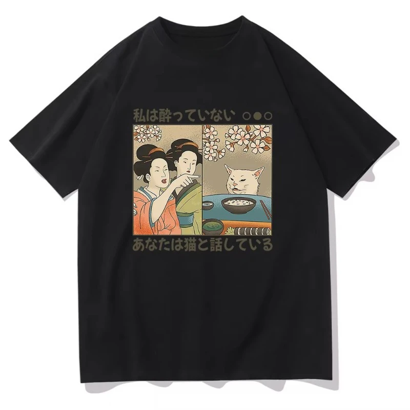 

Новинка 2024, мужская и женская одежда, Harajuku Kawaii, летний топ, хлопковые футболки унисекс с графическим рисунком, футболка с рисунком кота в японском стиле