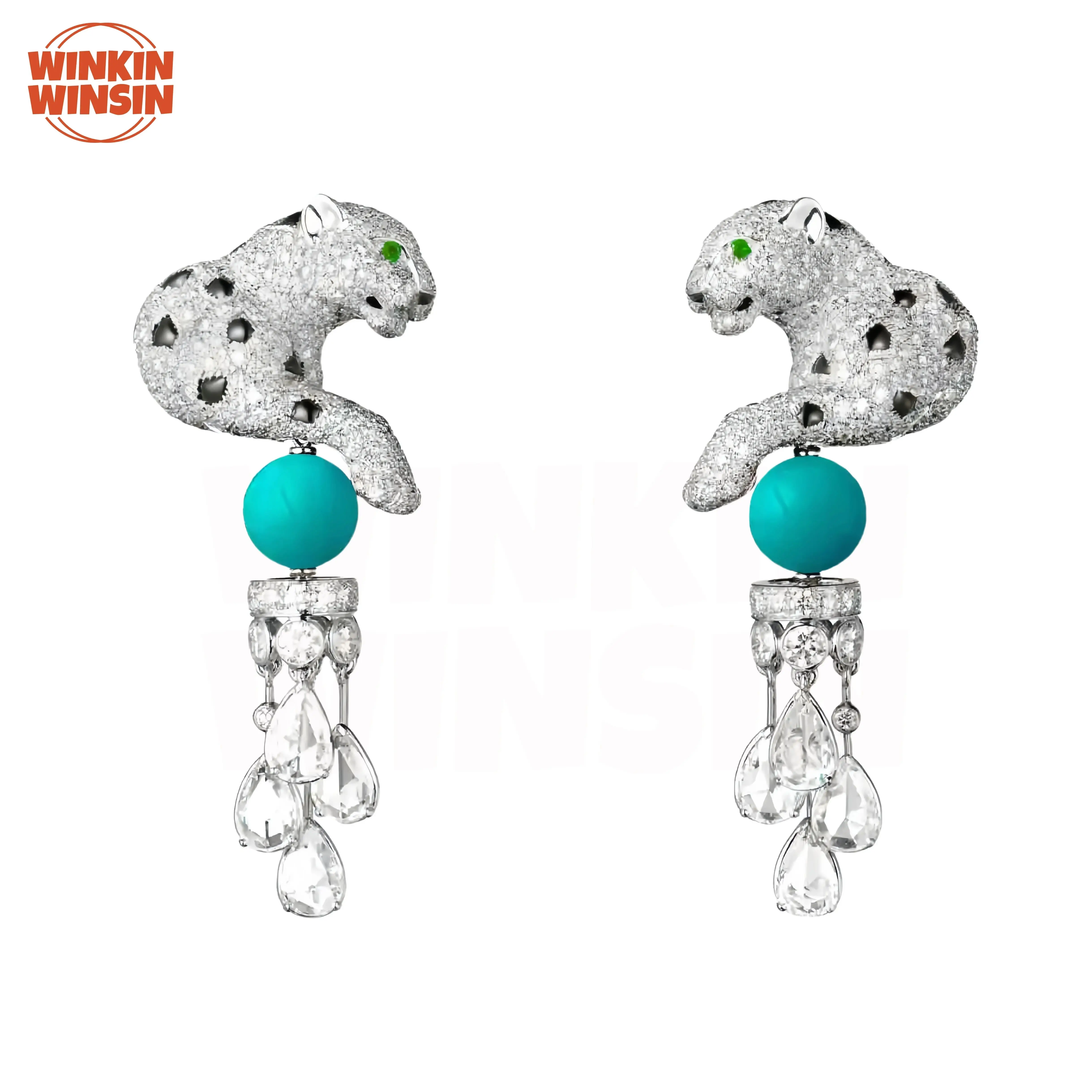 

Winkin Winsin Luxury Designer Brand 925 Sterling Silver Earrings Stud Leopard Blue Turquoise Drop Earrings Ear Pendant For Woman