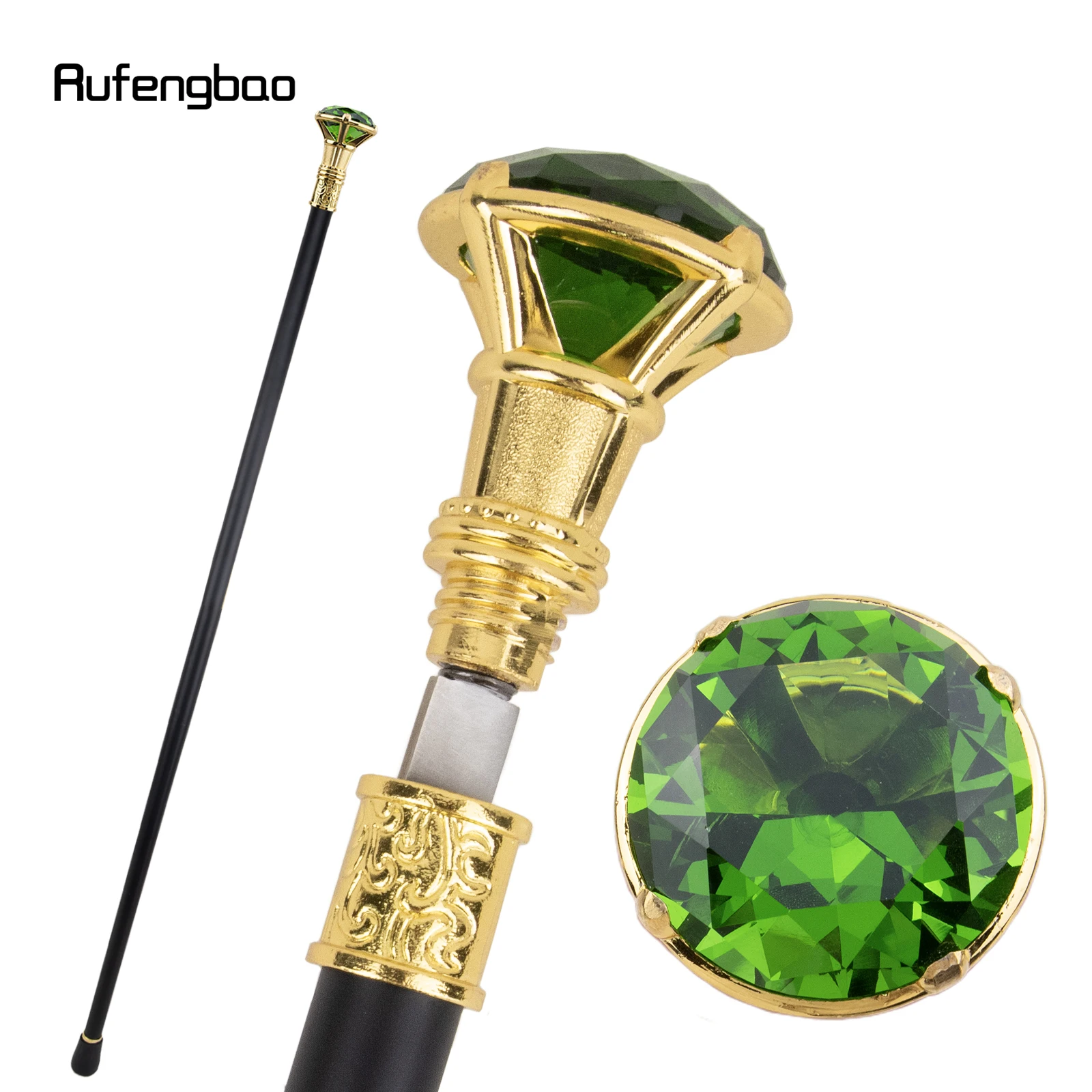 Green  Diamond Single Joint Golden Walking Stick with Hidden Plate Self Defense Fashion Cane Plate Cosplay Crosier Stick 93cm