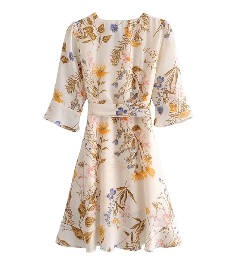 Retro Women Grass Flower Print Flare sleeve Wrap Dress Sexy Cross V neck Tie Bow Waist Ruffles Hem Mini Short Holiday Robe