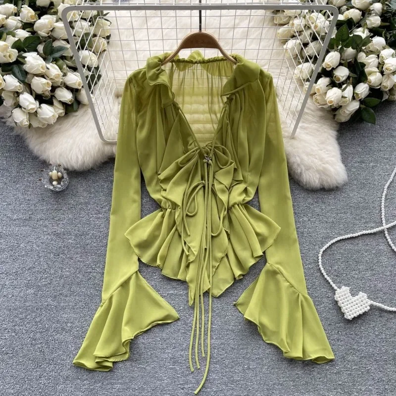 Sunscreen Cardigan Female Design Sense Irregular Flared Sleeve Chiffon Shirt New Women Ruffled V-neck Lace-up Top Sexy Blouses