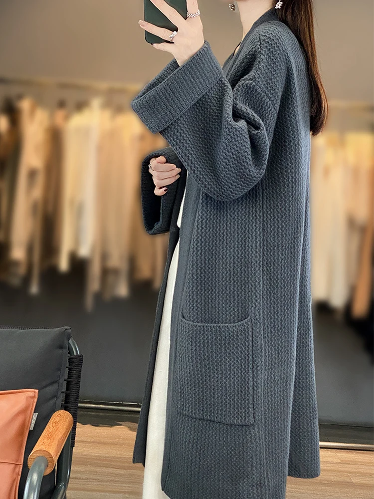 High Quality Women Cashmere Long Cardigan Autumn Winter Thick Casual Loose Style Sweater 100% Merino Wool Knitwear Korean Tops