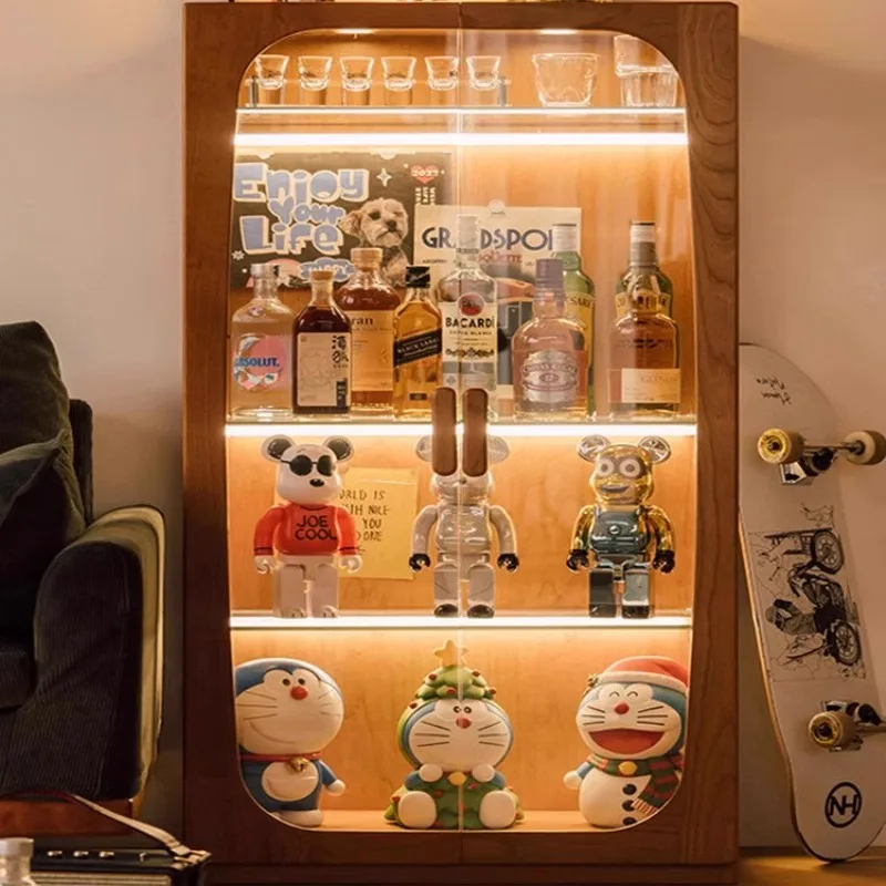 

Nordic Medieval Figure Display Cabinet Living Room Sofa Cherry Wood Storage Cabinet with Lamp and Dust-proof Glass Cabinet