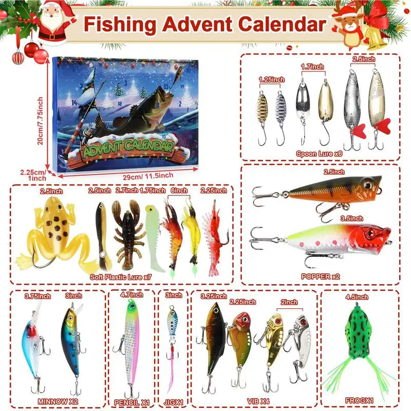 Fishing Lure Advent Calendar 24-Days Fish Lures Set 2024 Advent Calendar Fishing Christmas Countdown Fishing Lures Set for Teen