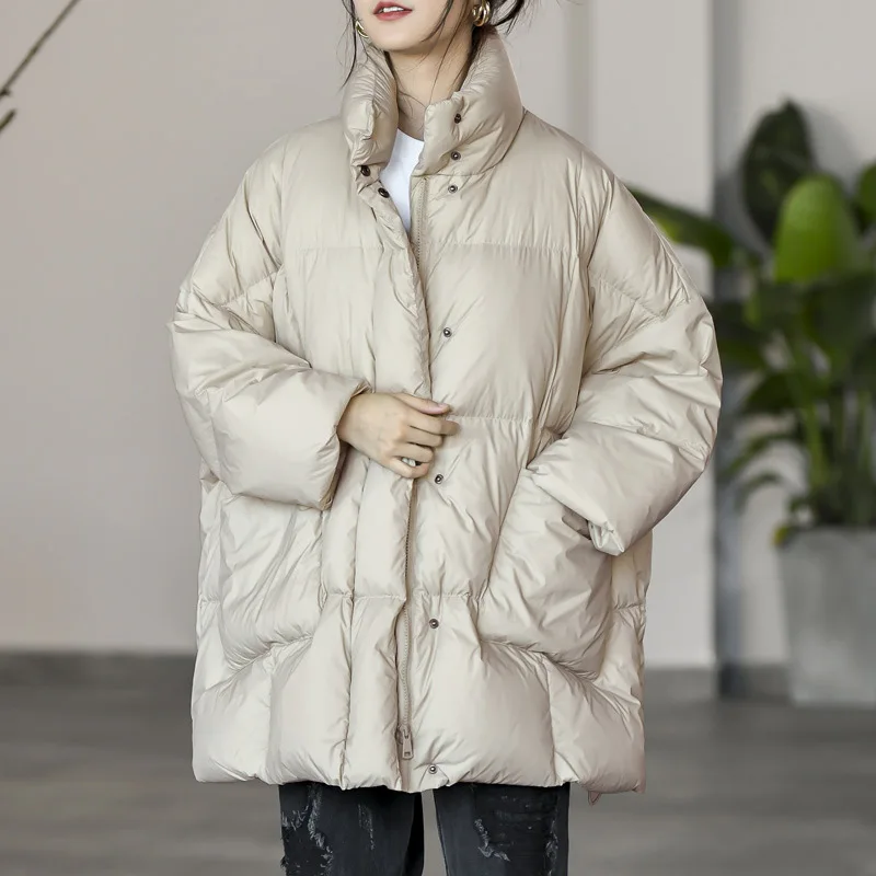 Neue Herbst-Winter-Damenjacke, Leichte Daunenjacke in Übergröße, Weißer Entendaunen-Mantel, Locker Geschnitten, Warm, Lässig, Dreiviertelärmel, Oberbekleidung
